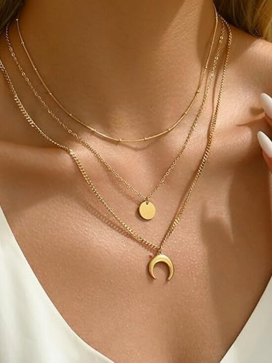 Jewelry - 18K Gold Plated Layered Herringbone Necklace Set Moon Coin Pendant